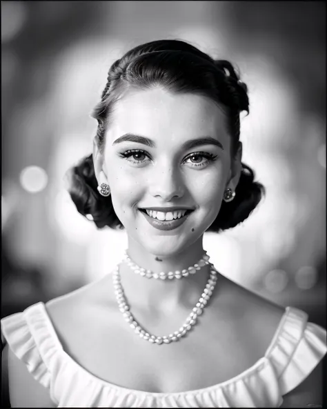 lilyivy monochrome, portrait, 1950s hairstyle, 50s makeup, jewelry, formal hairstyle, glamour, headshot, (looking at viewer), parted lips, <likenesshelpbyshurik3>:0.7, (film grain):1.7, traditional media <happy512>