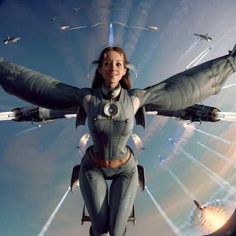 [F-16 Falcon:(skinny woman, flying in the sky (towards camera:1.4), arms spread like wings held below the large symmetrical jet wings,  a jet engine with active afterburner mounted on her back:2.0):4:F-16 Falcon, ankles have flaperons and feets used as rudder, long red hair with ponytail, on each hip hard points carrying large missiles:34:beautiful face, smile:43], background is a landscape and a military airport in the distance