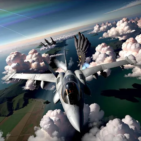 [F-16 Falcon flying in the sky above the clouds:(skinny girl:1.3), flying (towards camera:1.1), arms spread like wings held below the large symmetrical (fighter jet wings:1.2),  carrying a jet engine like a backpack:16:F-16 Falcon, legs have flaperon and (end as rudder:1.1), long red hair with ponytail, on each hip hard points carrying large missiles pointing in the same direction as the body:34:beautiful face, smile:48], 
background is a landscape far below, sky and a military airport in the distance, (full [airplane:body:16:airplane:48] picture:1.1), 
(nicon raw,masterwork, trending, best quality, ultra detail, detailed body hands and wings)