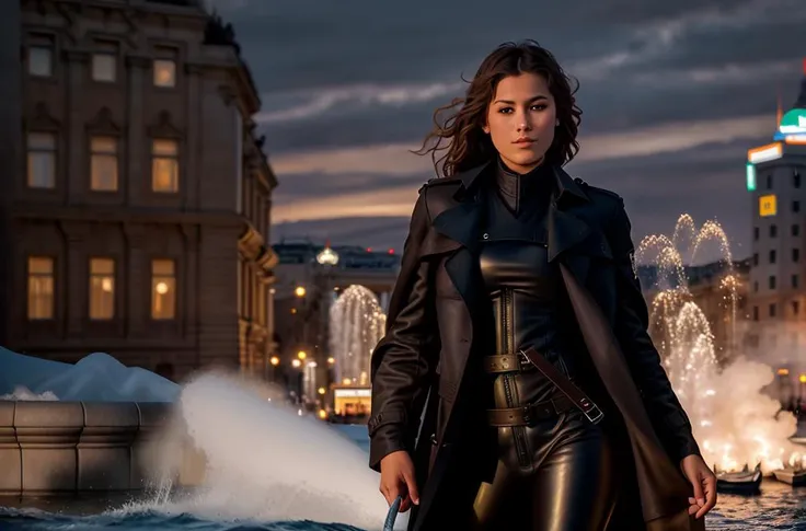 (35mmstyle:1), RAW photo of (kgerber:0.99), catsuit, leather slacks, (silk trenchcoat:1.2), front facing, detailed face, brown eyes, in Budapest, art by CFStyle