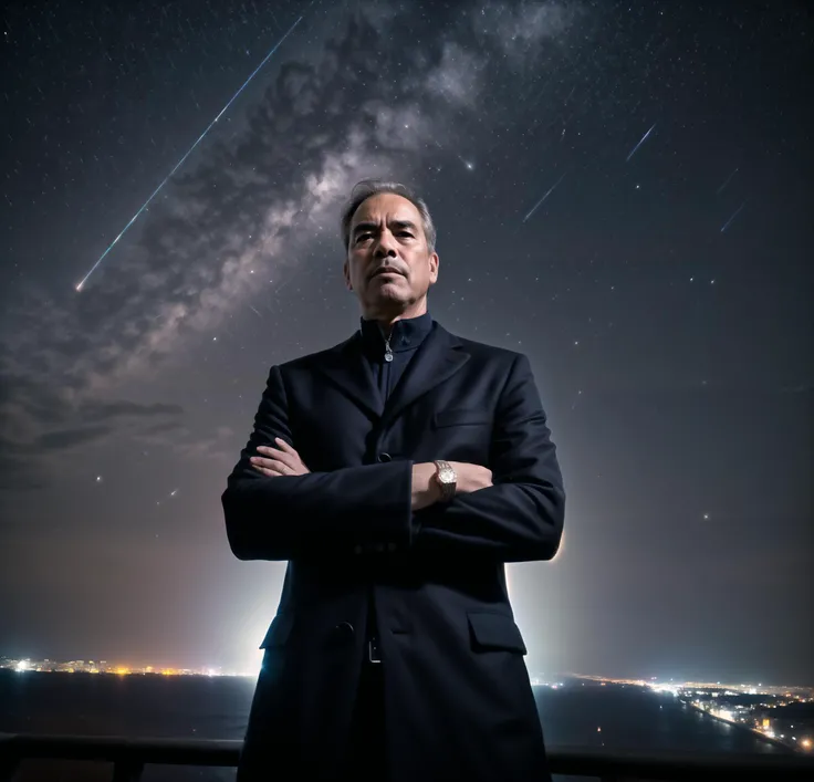 best quality, photograph, stern looking Pilipino man, wearing futuristic formal business clothes, long mixed material coat, glowing RGB LED seams in jacket, wearable tablet tech on breast pocket, displays on lapels, gray hair, 50 year old, on balcony overlooking mega city at night, lights to the horizon, starry sky, satellites streak across sky, diamond pinky ring, <lora:add_detail:1>, dutch angle from below, royal appearance