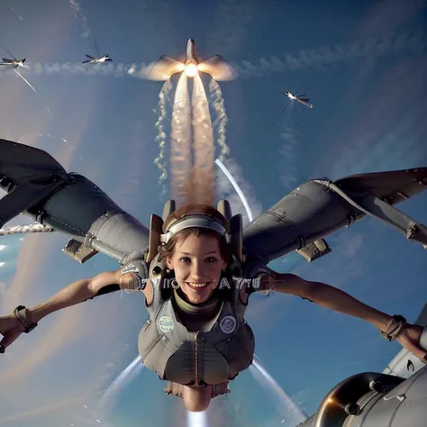 [F-16 Falcon:(skinny woman, flying in the sky (towards camera:1.4), arms spread like wings held below the wings,  a jet engine with active afterburner mounted on her back:2.0):4:F-16 Falcon, ankles have flaperons and feets used as rudder, long red hair with ponytail, two missiles mounted the back:34:beautiful face, smile:43]