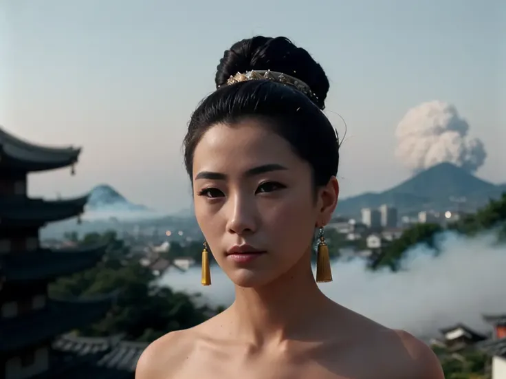 cyberpunk_\(setting\), (35mmstyle:1), masterpiece, highest quality, front facing, 1990s film still of ([Tomoe Gozen|Female samurai] with dark updo hair, looking at the viewer), ((perfect face)), [delicate|fierce], [[makeup]], long eyelashes, (wearing opulent [traditional|futuristic] samurai armor), 
BREAK
background is chaotic, with smoke and dust billowing from the battlefield, cool color temperature, sun in the sky above, mist, (overcast), near the town of Omihachiman, vivid details, 
Kodak Ektar 100, C-41 process, MGM Metrocolor, 35mm F1.7 cine lens, film-like, [ghost in the shell], (film grain), film noise, full body, eye contact