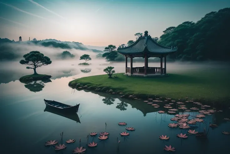 Chinese martial arts style, large area sky, ink style, outline light, atmospheric atmosphere, depth of field, mist rising, lake water, lotus flowers and leaves, small boats, pine trees, octagonal stone pavilions, arch bridges, night view,(No color)  <lora:epiNoiseoffset_v2:1>