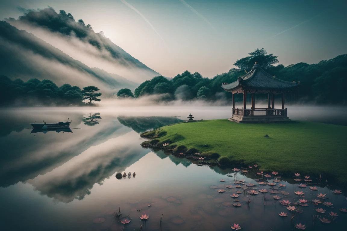 Chinese martial arts style, large area sky, ink style, outline light, atmospheric atmosphere, depth of field, mist rising, lake water, lotus flowers and leaves, small boats, pine trees, octagonal stone pavilions, arch bridges, night view,(No color) <lora:epiNoiseoffset_v2:1>