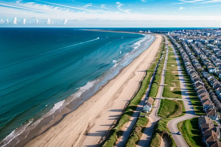 (35mmstyle:1), (masterpiece, best quality:1.1), bird's eye view, asymmetrical, blue ocean, low tide, sea waves, coastal road, sandy beach, piers, sailboats, yachts, ship wake, contrail, cars, tourists, lighthouse, seagulls, horizon, breeze, summer, morning, sunny, cloud, calm, fresh air, depth of field, <lora:epiNoiseoffset_v2:0.6>