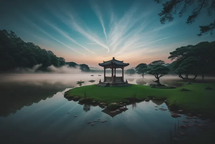 Chinese martial arts style, large area sky, ink style, outline light, atmospheric atmosphere, depth of field, mist rising, lake water, lotus flowers and leaves, small boats, pine trees, octagonal stone pavilions, arch bridges, night view,(No color) <lora:epiNoiseoffset_v2:1>