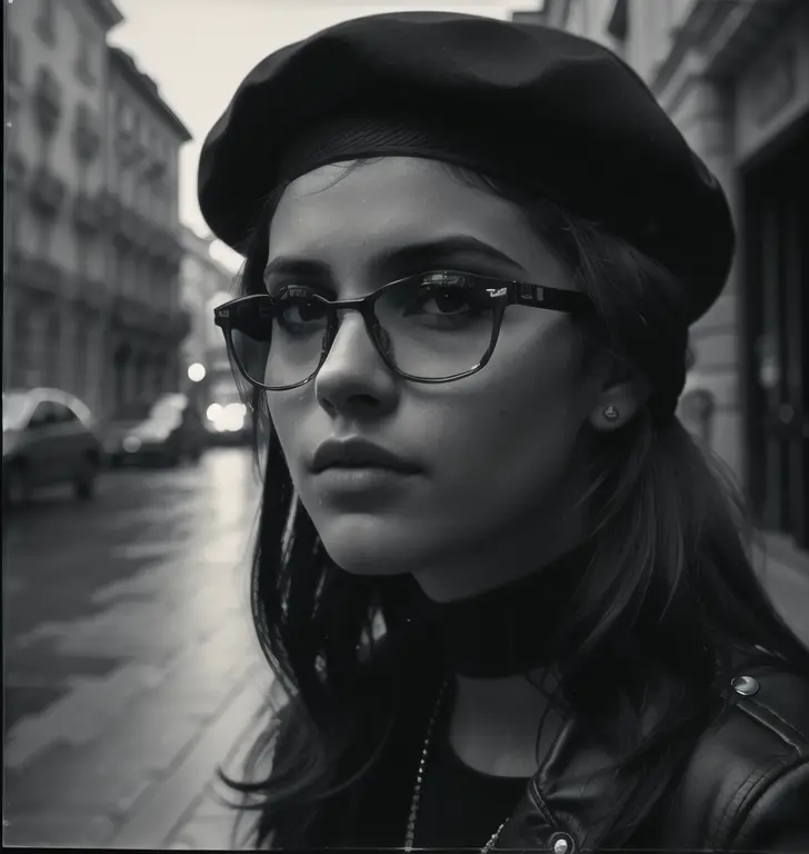 One risqu en buste Latina age model with sunglasses and beret, in the streets of Milan, editorial shot by Helmut Newton, high contrast, <lora:epiNoiseoffset_v2:1>, film grain, Ilford hp5 film, photorealistic, 50mm lens, portrait, Mamiya rz67 camera, medium format film, border, scan, depth of field, low key, chiaroscuro, cinematic, high detail, 8k, hyper realistic, face details, skin details.