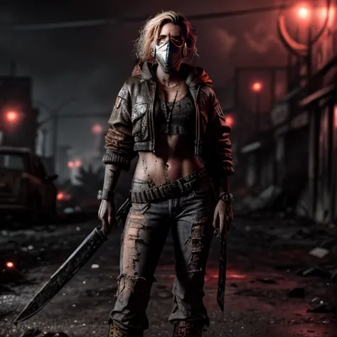 an epic candid photo of a ((princess)) standing in the middle of the street in a dystopian world, (((blond))),  (holding a rusty machete), wearing ripped cyberpunk clothes, cyberpunk gogles with yellow lights, street in ruins, dead zombies lying on the floor behind her, metal scrap on the floor all around, wearing a respirator, intense look, piercing eyes, black tattoos, battle hardened, survivor, intense, strong,  dim red haze, fires burning in the background, (dirty face), dirty hair, (dirty skin:1.2), smoke in the sky, cyberpunk aircraft in the background, 8k,  <lora:epiNoiseoffset_v2Pynoise:1> <lora:add_detail:1.75>