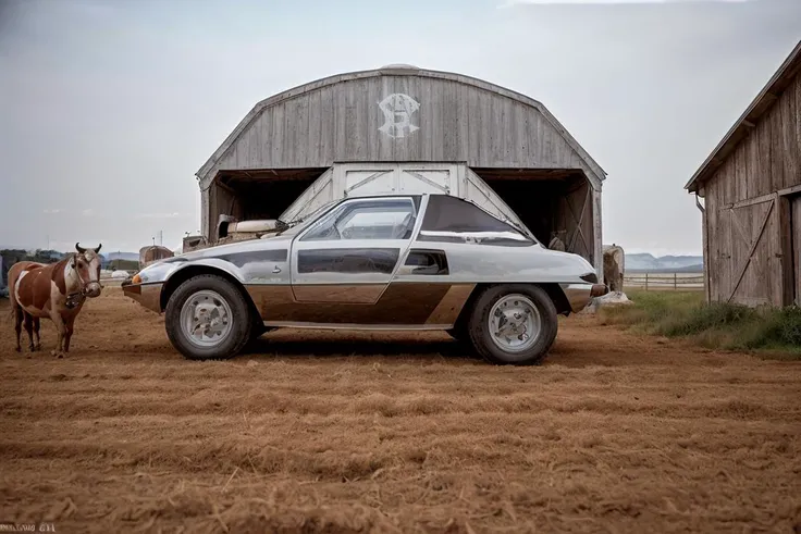 photorealistic photo of a silver (Dome Zero car, <lora:d0m3z3r0:1>), parked in a barn, hay, cows, horse, High Detail, Sharp focus, ((photorealism:1.2)), realistic, best quality, high quality, highres, 8k, photo realistic, raw photo, cannon, nikon, studio lighting