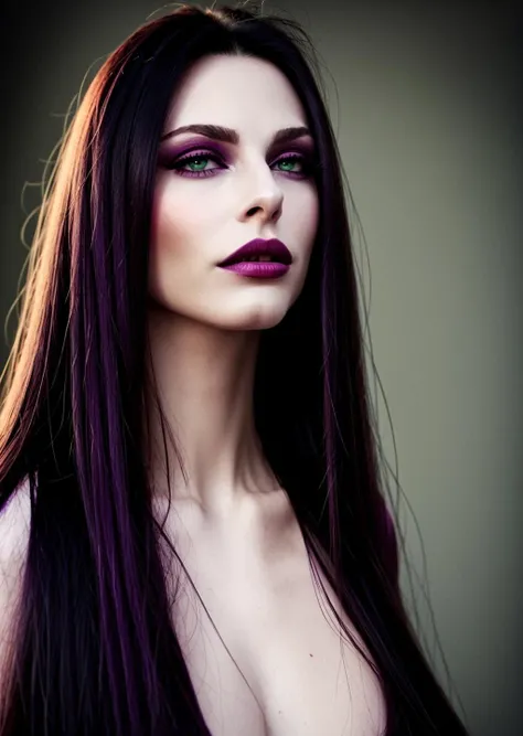 long purple straight haired stunningly beautiful middle aged vampire woman, dark green eyes