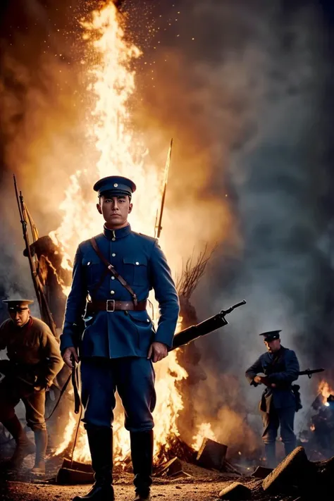 Scenes from World War I,World War I ,barbed wire,positional fighting,machine gun fire,smoke,trenches,burnt stumps. MovieHorse,movie Beneill 60,movie Passchendmovie Guerra sulle mne La,movie The Trench,movie Alet on the Westernt,
glasses.,
ltra-detailed,highly detailed,best quality,masterpiece,illustration,realistic,photorealistic,
Asian,young man,1boy,solo,military,daynamic pose,
beifa,military uniform,military hat,
breast pocket,belt buckle,buttons,long sleeves,pants,breeches,boots,Shoulder Strap,brass buckle,((closed collar)),
looking at viewer,full body,