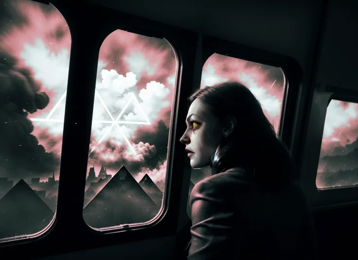 three cornered window, back of head shot of (woman looking out of triangle window:1.1), 3rd person, Looking out the triangular window of a (train:1.1) with triangular windows, triangular windows and triangular, wheels, in a fantasy world,
psychedelic, geometric, vivid light, high contrast, triadic colors, dark shadows, explosions, nuclear mushroom cloud, nuclear explosion, dystopian nightmare,
(beautiful composition),
21 yo woman,
