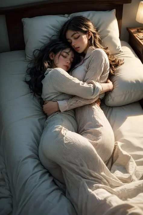<lora:more_details:0.6>, ((best quality)), ((masterpiece)), (detailed), two women clad in cozy pajamas, gently entwined in a loving embrace, (serene sleep:1.4) on a large, plush bed adorned with luxurious satin sheets, (luxurious comfort:1.3). The image, captured from a tender side perspective, (side shot:1.2), is expertly rendered in the style of Mary Cassatt. <lora:Sleep:0.7>, wpega, 2girls, multiple girls