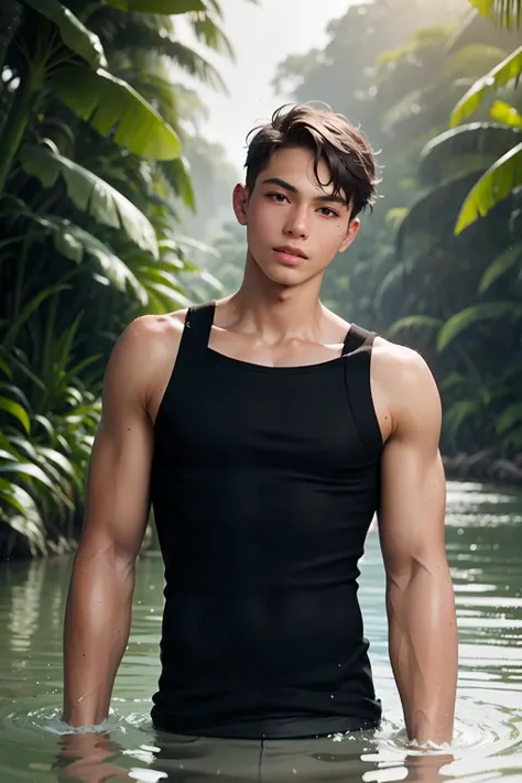 (a cute and handsome:1.1,ใบหน้าหล่อคล้ายนักแสง โฟร์ท ณัฐวรรธน์ , thai-bangkok boy, white skin tone, photorealistic:1.37), (best quality, 4k, 8k,highres, masterpiece:1.2), ultra-detailed, realistic:1.37, professional, vivid colors, bokeh, sharp focus, physically-based rendering, slim body, skinny body build, -like, twink, wearing small army green underwear, full body, natural lighting, Bangkok canal background,he is celebrity he standing with his fanclubs group, innocent eyes, soft skin, gentle sunlight, subtle shadows, warm color palette