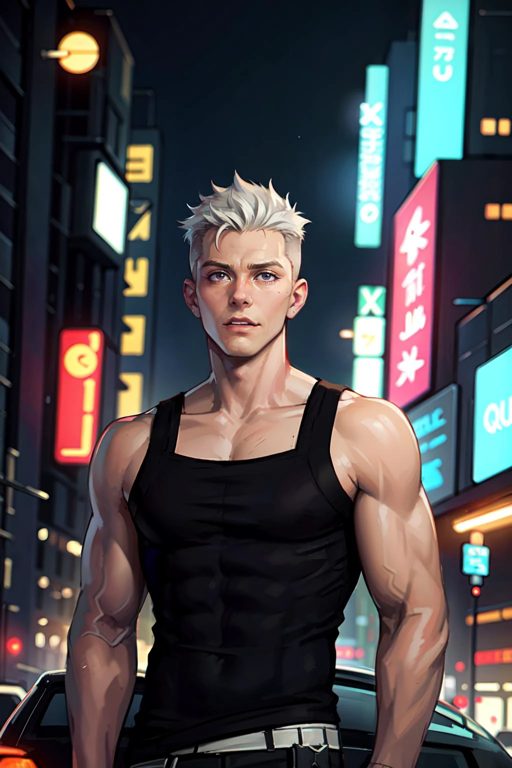 (masterpiece), (high quality:1.2), (best quality:1.2), sharp focus, a young man, short hair, athletic body, wearing ((squarecut tanktop)), (cyberpunk:1.2), cyberpunk theme background, neon lights, futuristic buildings, futuristic city, night scene, bisexual lighting, futuristic car near the person, <lora:Square_Cut_Tank_Top_v3:1>