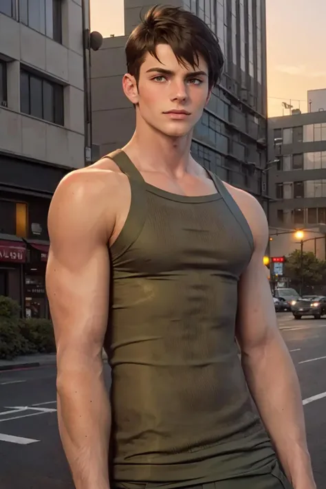 ((masterpiece)), ((best quality:1.2)), High Resolution, 8k, (ultra_realistic:1.3), (photorealistic:1.4), wallpaper, male focus, pbr, a portrait of a attractive perfect handsome face young man, (short military cut hair:1.2), looking at the camera, photoshoot, wearing a squarecut tanktop, <lora:Square_Cut_Tank_Top_v3:1>, outdoors, sunset, twilight, urban sprawling city, ((sexy body)),  <lora:people_count_slider_v1:4>