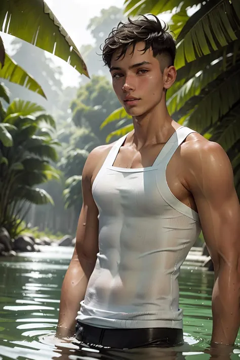 (masterpiece), (high quality:1.2), (best quality:1.2), sharp focus, a young man, short hair, 20yo, slim but fit and toned, wearing ((squarecut tanktop)), swimming in the river, jungle, trees everywhere, noontime, daylight, natural lighting, side fade hair, <lora:Square_Cut_Tank_Top_v3:1>