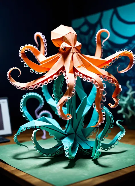 Wide-angle origami art, (Origami octopus dancing:1.2), Organic layout, Intricate tentacles, Playful expression, (Ocean-inspired palette:1.3), Suction cup details, Fluid movements, Creative workspace elements, Soft ambient glow