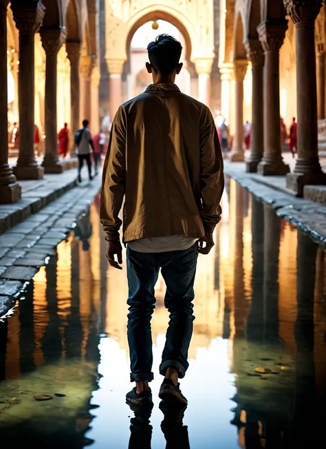 Photorealistic 8k photography, (Man in casual streetwear Walking Away:1.3), Dramatic lighting, Earthy young man, Clean style, (Back glance:1.2), Realistic skin, Casual outfit, (Reflection in water:1.2), Crowded monasteries or temples, Busy atmosphere, Rich cultural scene, Captured with a high-end Nikon D850, 24-70mm f/2.8 lens, Voluminous details, Authentic textures, Serene lighting, Vibrant composition