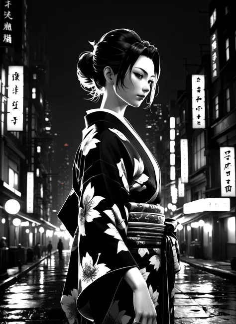 Medium view hyperrealistic representation, (Dai Vernon in Gotham City:1.21), Nighttime scene, (Black and white kimono:1.33), Influenced by Yoji Shinkawa and Hyung-Tae Kim, (8K resolution:1.2), Wide angle perspective, Illuminated darkness, Trending on ArtStation, Self-captured