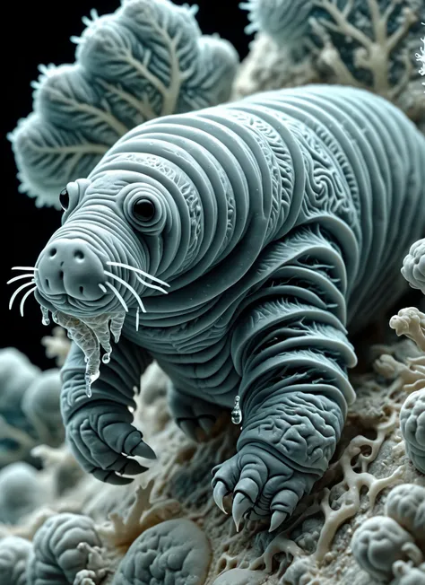 Medium format relief sculpture, (Highly detailed tardigrade organism:1.3), Top-down perspective, Textured exoskeleton, Segmented body, (Microscopic water bear:1.2), Curled appendages, Intricate features, Fuzzy appearance, Miniature claws, (Intriguing microcosm:1.2), Captured with 8k quality, Ray tracing hdr lighting, Foggy ambient occlusion