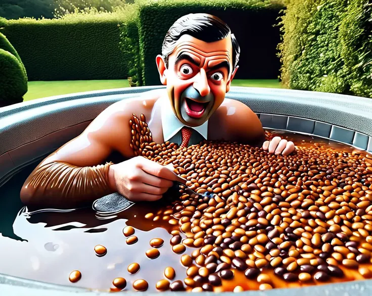 Mr Bean eating beans out of a hot tub full of beans,
 <lora:beans_v5:1.0>, beans,