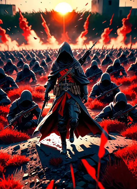 photorealistic highly detailed 8k raw anime artwork, (Hooded figure overlooks battlefield:1.3), (Sinking sun paints red:1.2), Fallen troops seen, Stealthy assassin, Determined eyes, Weapon raised, Ominous battleground, Intense shadows, Gripping scene, Lifelike, precise, detailed, top down perspective