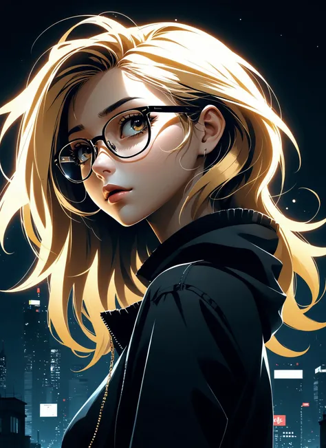 Medium format photography, Anime girl digital artwork, (Solitary night persona:1.3), Golden ratio composition, Stylish glasses, Flowing hair strands, (Modern punk elements:1.2), Dark animated backdrop, Full HD vector quality, Conviction illustrated, Character's mood shining