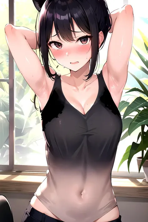 (perfect body),highest quality,(8K portrait),(anime screen cap)、(nsfw)、female police officer、((surprised)),blush,Sweat,((big breasts))、police hat、(black hair),((bob cut))、yellow eyes,(thick thighs),big ass、((gray sports panties、gray sports bra))、grit your teeth、adult woman、office room、hands behind head、both armpits、wince,(orgasm:1.5),awaiting tongue、(ecstasy:1.3) ,(slut:1.2),(vulgarity:1.3),(fucked silly:1.1),(steam:1.1),(wet:0.8),(trembling:0.8),(tears:0.7) ,(drooling:0.6),(sweat:0.8),