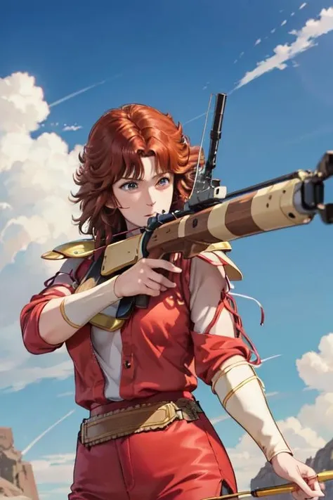 <lora:0009Hmamiya:1>,mamiya,undershirt,brown hair,weapon,bowgun,aiming,aiming_at_viewer,