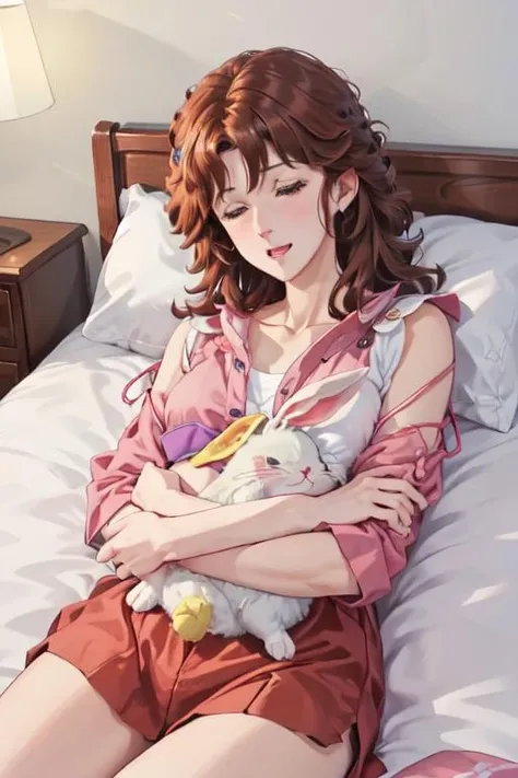 <lora:0009Hmamiya:1>,mamiya,undershirt,brown hair,<lora:SleePeace2:0.7>,sleepeace,bedroom,bed_sheet,futon,pillow,stuffed_bunny,stuffed_animal,