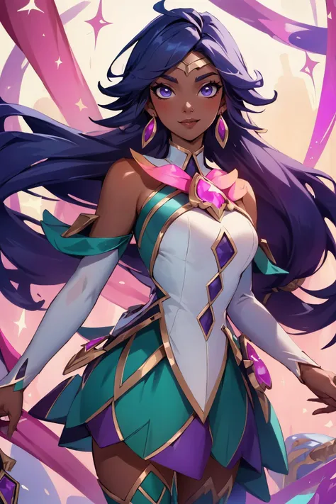 (Masterpiece:1.4), (best quality:1.2), <lora:Nilah_LoL-000020:0.8>, star guardian nilah, 1girl, detached sleeves, green skirt, magical girl, star guardian \(league of legends\), gem, purple hair, upper body, cowboy shot