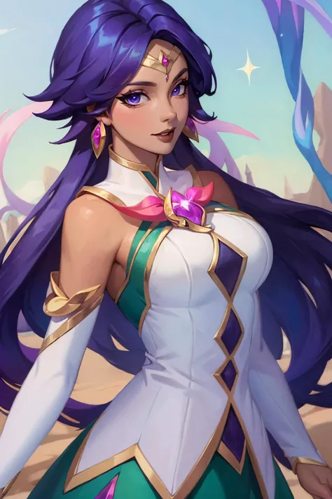 (Masterpiece:1.4), (best quality:1.2), <lora:Nilah_LoL-000020:1>, star guardian nilah, 1girl, detached sleeves, green skirt, magical girl, star guardian \(league of legends\), gem, purple hair, potrait