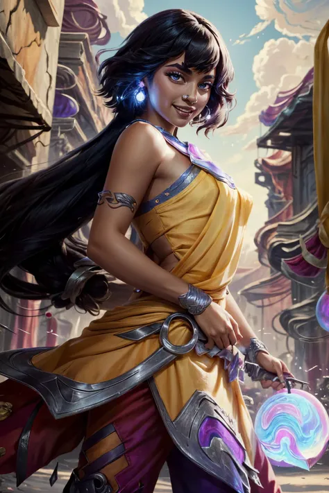 (Masterpiece:1.4), (best quality:1.2), <lora:Nilah_LoL-000020:1>, nilah \(league of legends\), 1girl, yellow dress, black pants, black hair, smile, upper body, potrait