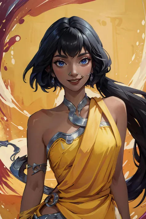 (Masterpiece:1.4), (best quality:1.2), <lora:Nilah_LoL-000020:1>, nilah \(league of legends\), 1girl, yellow dress, black pants, black hair, smile, upper body, potrait