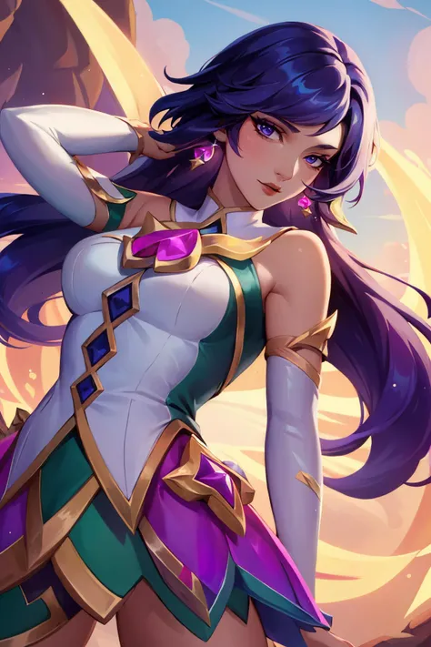 (Masterpiece:1.4), (best quality:1.2), <lora:Nilah_LoL-000020:0.7>, nilah \(league of legends\), star guardian nilah, 1girl, detached sleeves, green skirt, magical girl, star guardian \(league of legends\), gem, purple hair, potrait