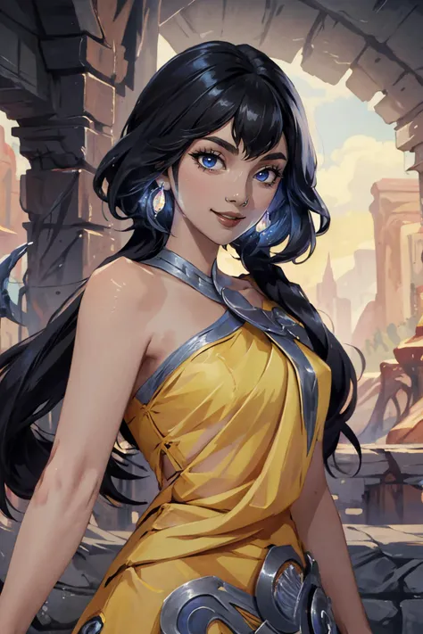 (Masterpiece:1.4), (best quality:1.2), <lora:Nilah_LoL-000020:1>, nilah \(league of legends\), 1girl, yellow dress, black pants, black hair, smile, upper body, potrait