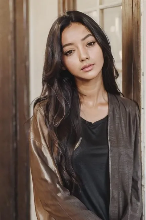 masterpiece:1.5, best quality:1.5 , 1girl, Glenca Chysara:,solo, long hair, lips, cyberpunk realistic professional photo, RAW:1.5 , black hair, upper body,looking to camera, brown eyes, (mouth open), black hair, nose, dark tanned skin, indonesian, <lora:Glenca Chysara:0.7>