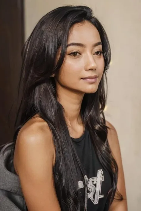 masterpiece:1.5, best quality:1.5 , 1girl, Glenca Chysara:,solo, long hair, lips, cyberpunk realistic professional photo, RAW:1.5 , black hair, upper body,looking to camera, brown eyes, closed mouth, black hair, nose, happy expression, dark tanned skin, indonesian, <lora:Glenca Chysara:0.7>