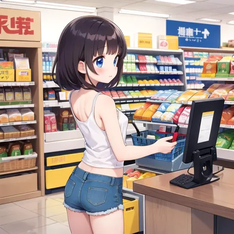 masterpiece,best qualitiy,high detail,1girl,small breasts,blush, tanktop,denim shortpants, <lora:Konbini_V4:0.0.6>Konbini,cashier, monitor, food, shop, indoors, convenience store,holding shopping basket,from back