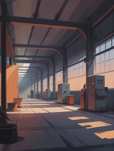 stylized digital painting, brightly lit interior, in a Austere factory interior<lora:EnvyStarlightStylized01:1>