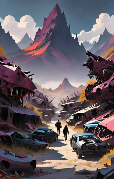 (stylized digital painting), Romantic Goth aesthetic, a post-apocalyptic scrapyard with towering mountains of twisted metal carcasses, vibrant colors, stunning detailed background. dark and moody, a mesmerizing blend of light and shadow. masterpiece, absurdres, intricate details <lora:envyStarlightStylized_v10:0.9>