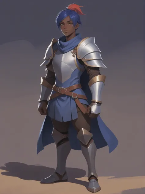stylized digital painting, (full body:1.2), 1boy, man, bishounen, solo, [:outlandish costume design,:0.2] crusader, (fantasy ring mail bracers,greaves,helmet,chestplate,armor:1.2), (african, dark skin:0.6), glowing royalblue hair, (solid:1) build, Hematite Highlands<lora:EnvyStarlightStylized01:1>