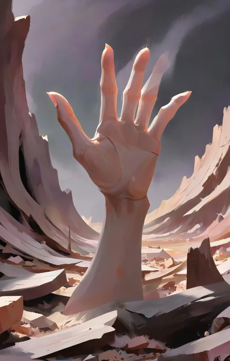 (stylized digital painting), Southern Gothic aesthetic, a close-up of a decaying human hand reaching out from the rubble, pastel colors, stunning detailed background. dark and moody, a mesmerizing blend of light and shadow. masterpiece, absurdres, intricate details <lora:envyStarlightStylized_v10:0.9>