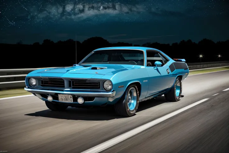 light blue 1970PlymouthBarracuda on a road,
Hasselblad, sharp focus, masterpiece, best quality, official art, extremely detailed CG unity 8k wallpaper, illustration, moving, background motion blur, wet, (((NIGHT))),neon lights, drift,
 <lora:1970PlymouthBarracuda_v01:0.9>