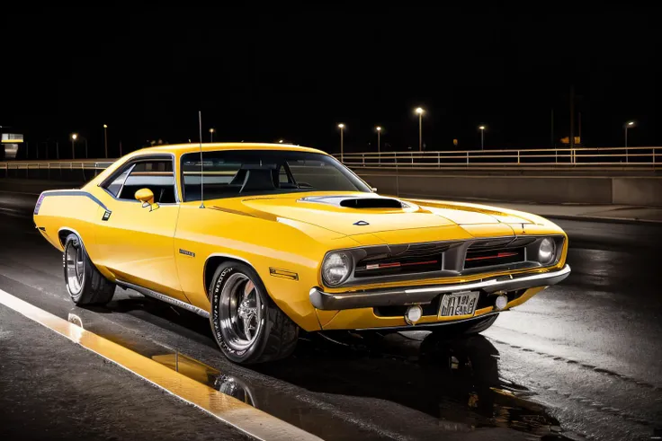 yellow 1970PlymouthBarracuda on a road, project car,
Hasselblad, sharp focus, masterpiece, best quality, official art, extremely detailed CG unity 8k wallpaper, illustration, moving, background motion blur, wet, (((NIGHT))),neon lights, drift,
 <lora:1970PlymouthBarracuda_v01:0.9>