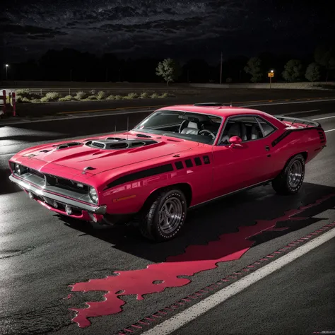 fuschia 1970PlymouthBarracuda on a road, 3 quarter view, Hasselblad, sharp focus, masterpiece, best quality, official art, extremely detailed CG unity 8k wallpaper, illustration, moving, background motion blur, wet, (((NIGHT))),neon lights, drift, <lora:1970PlymouthBarracuda_v01:0.9>