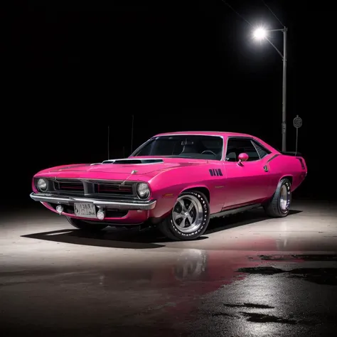 fuschia 1970PlymouthBarracuda on a road, 3 quarter view, Hasselblad, sharp focus, masterpiece, best quality, official art, extremely detailed CG unity 8k wallpaper, illustration, moving, background motion blur, wet, (((NIGHT))),neon lights, drift, <lora:1970PlymouthBarracuda_v01:0.9>