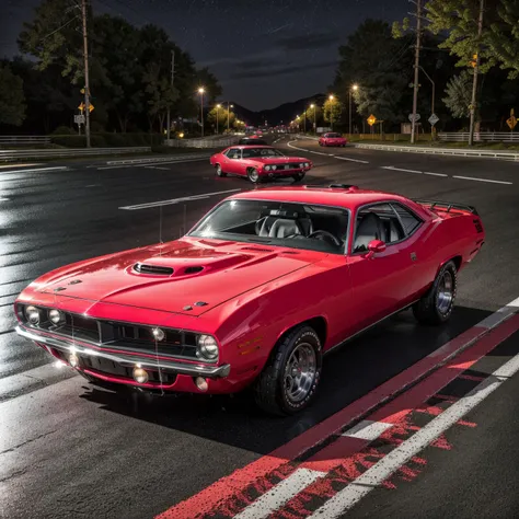 fuschia 1970PlymouthBarracuda on a road, 3 quarter view, Hasselblad, sharp focus, masterpiece, best quality, official art, extremely detailed CG unity 8k wallpaper, illustration, moving, background motion blur, wet, (((NIGHT))),neon lights, drift, <lora:1970PlymouthBarracuda_v01:0.9>